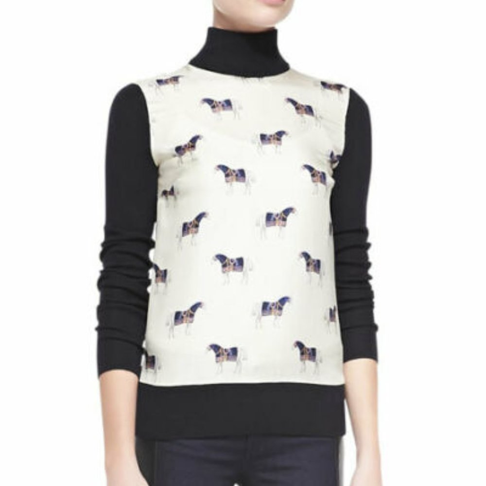Tory Burch Etty Horse Pony Print Silk & Wool Lightweight Sweater Medium H11972 - Picture 1 of 12